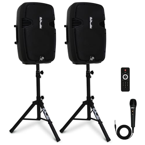 Pyle Wireless Portable PA System Kit - 1800W Peak, Bluetooth Compatible, Active + Passive Pair For Indoor / Outdoor Sound, Multiple Inputs-USB SD AUX XLR RCA, Comes With 2 Stands, Wired Mic, Remote