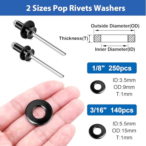 Image of smseace 780Pcs Black Pop Rivets with Washers Assortment Kit-10-Sizes SAE Rivets for Metal 1 /8,3 /16Inch 2-Sizes 304 Stainless Steel Washers for Metal, Furniture, Automotive, Instruments