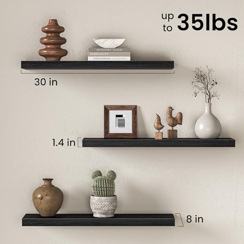 Image of Fun Memories 30Inch Floating Shelves for Wall, 8 Inch Deep Shelves for Bathroom|Bedroom|Kitchen Wall Mounted, Wood Hanging Shelf with Invisible Brackets for Home Storage Decor, Black - 3 Pack