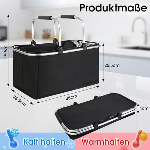 kühlkorb einkaufskorb 30L,Mit Reißverschluss isolierter, Faltbarer Picknickkorb,Klapprahmen aus Aluminiumlegierung mit Griff, gepolsterte Stützstange,für Picknicks im Freien, Einkaufen und Reisen