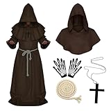 Ensemble Complet de Moine Médiéval avec Gants Lumineux：Ce déguisement moine homme comprend une robe de moine longue, une capuche médiévale séparée, une ceinture en corde, un collier croix classique ainsi que des gants lumineux, offrant un costume de moine médiéval complet et cohérent pour Halloween, carnaval et cosplay renaissance.