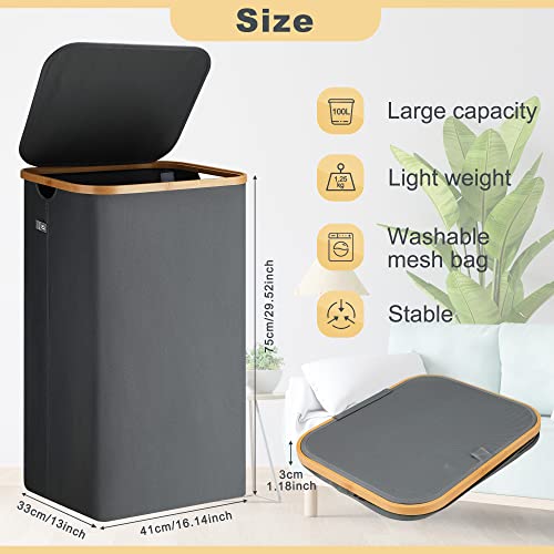 Bellzacasa Laundry Hamper With Lid, Deep Gray 100 Liters Large Washing Basket For Laundry With Handles Laundry Basket For Bedroom Bamboo Bathroom Bin #TOP1