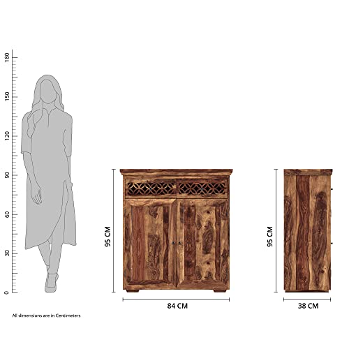 Image of SHIKHA WOOD CRAFT Solid Sheesham Wood Sideboard Cabinet with 2 Doors & 2 Drawers Storage | Wooden Kitchen Cabinet, Dining Room Organizer, Crockery Unit, Living Room Storage Furniture (Natural Finish)