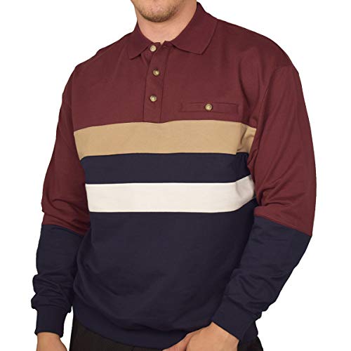 PALMLAND Classics Horizontal Stripes Long Sleeve Banded Bottom Shirt 6198-210 (L, Burgundy)