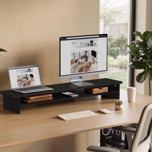 Image of WALI 42 inch Large Wood Dual Monitor Stand Riser with Storage, up to 88lbs | Multi-Purpose Computer Stands, 2 Tier Desktop Organizer Desk Shelf for Home Office PC, Laptop, Printer, TV (WTT001), Black