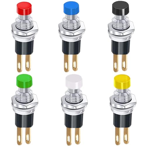 RUNCCI-YUN 6Pcs Self-locking 7mm Mini Push Button Switch SPST Latching Type ON/OFF 2 Pin Round Button 3V-6V-12V-24V-230V/1.5A Mini Switch for Model Railway Hobby(black white blue red yellow green)