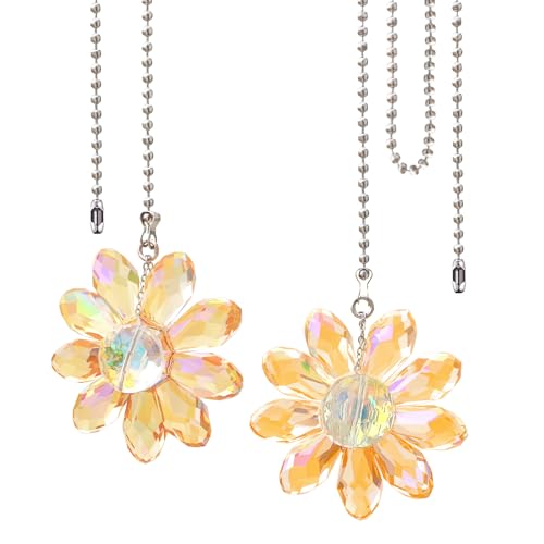Image of LEFERS Ceiling Fan Pull Chain, 2 Pieces 1.8 inch Crystal Glass Flower Pendants with 24 inch Ceiling Fan Chain Extender and Connector (Gold)