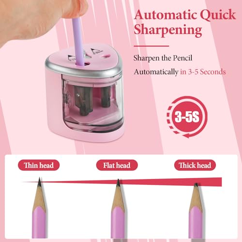 AUAUY Electric Pencil Sharpener with Double Hole, Battery Operated Automatic Sharpener with 2 Extra Knife Holders, for 6-8mm/9-12mm Standard Pencils, Colored Pencils, and Skectch Pencils（Pink） - Thumbnail 6