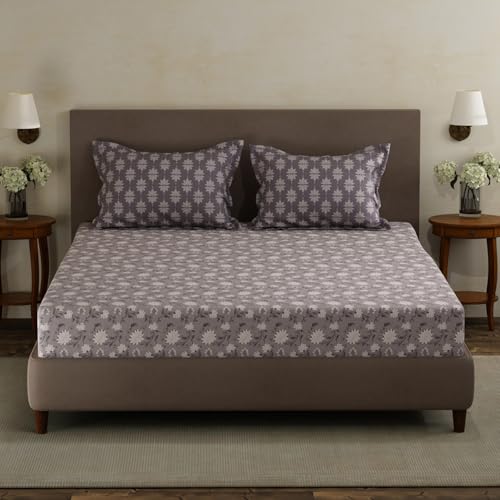 Image of Layers 100% Cotton Double Size Bedsheet Set | Grey Floral Print | 120 TC Forever Collection | Soft & Breathable | Washable Bedsheet with 2 Pillow Covers | All Season
