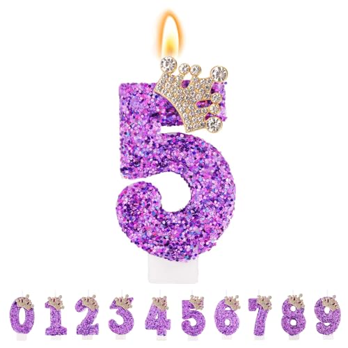 TESGADGETS Bougies d'anniversaire Violettes, Bougies d'anniversaire avec Couronne combinable et Chiffre 5 pour gâteau, Bougie Scintillante avec Le Chiffre 5 pour célébrations Anniversaires