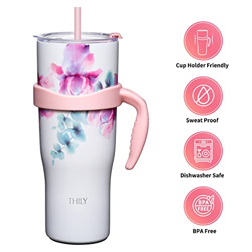 Thily 40 Oz Insulated Tumbler With Handle - Stainless Steel Triple Insulated Coffee Travel Mug With Lid And Straws, Keep Drinks Cold For 34 Hours Or Hot For 12 Hours, Reusable, Bpa Free, Pink Lilies #TOP2
