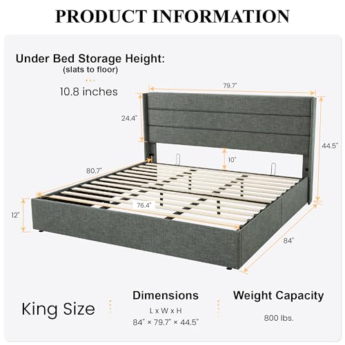 SHA CERLIN King Size Lift Up Storage Bed/Modern Wingback Headboard/Upholstered Platform Bed Frame/Hydraulic Storage/No Box Spring Needed/Wood Slats Support/Dark Grey