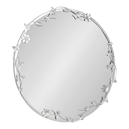 Kate and Laurel Rosella Modern Ornate Round Wall Mirror, 26 Inch Diameter, Silver, Circle Mirror with Floral Detailing for Use as Bathroom Mirror for Over Sink or Cute Kids Room Decor