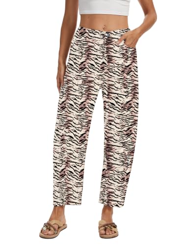 DAOAO Leopard Print Barrel Pants Women Mid Rise Pull On Stretchy Boyfriend Baggy Wide Leg Cropped Jeans S