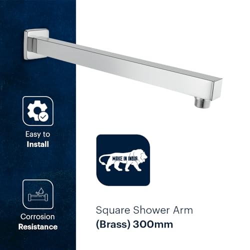 Image of Johnson Square Shower Arm 12 inches long with wall flange | Brass Material | Anti-Corrosion Shower Holder for Overhead Showers | 2 Year Warranty (S0001C2 - Chrome)