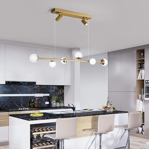 Oninio Modern Gold Pendant Light, Dimmable Chandelier with 6 Bulbs & 2 Spotlights, 46W Elegant Pendant Light Height Adjustable Hanging Lamp Fixture for Kitchen Dining Room Living Room Bedroom
