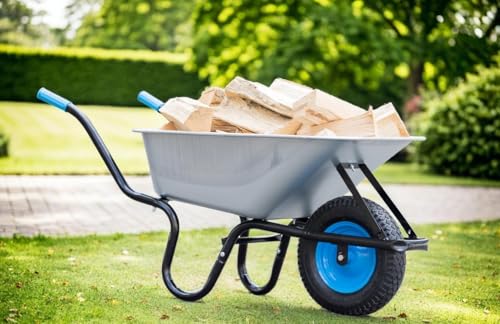 TIREX by xonic® Schubkarre mit Stahlfelge – Verzinkte Wanne bis 250kg/ 100l - Robuste Ausführung für Garten und BAU – Schieb-Karre mit Luftrad (Luftrad Neonblau-Silber)