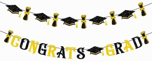 Congrats Grad Banner - 10ft Black & Gold Graduation Backdrop For 2025 Parties