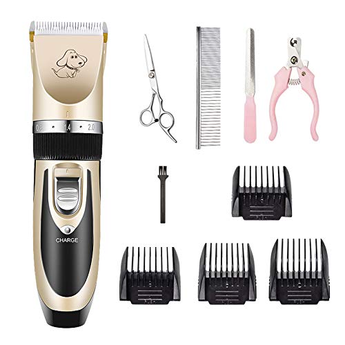 Dog Grooming Clippers Cordless Pet Hair Clipper Remover Low Noise Handheld Wireless Rechargeable Hair Trimmer Pet Grooming Kit Dog Shaver with 4 Comb Quiet Electric Cat Shears for Hair Trimming