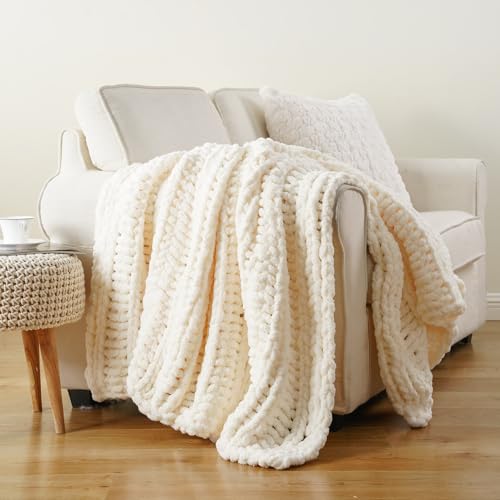 Battilo Cream Chunky Knit Throw Blanket for Couch, Super Soft