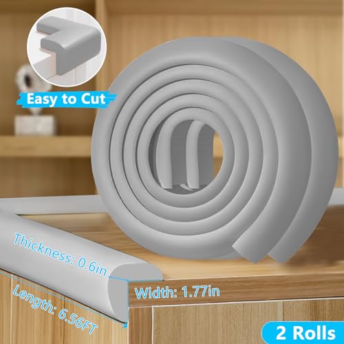 Image of ZOMPAGO Baby Edge Protector 2 Roll (13FT) Corner Guards - Grey Foam Furniture Corner Protectors - Baby Proof Corners and Edges for Table, Wall, Bed Frame - Baby Proofing Safety Bumpers