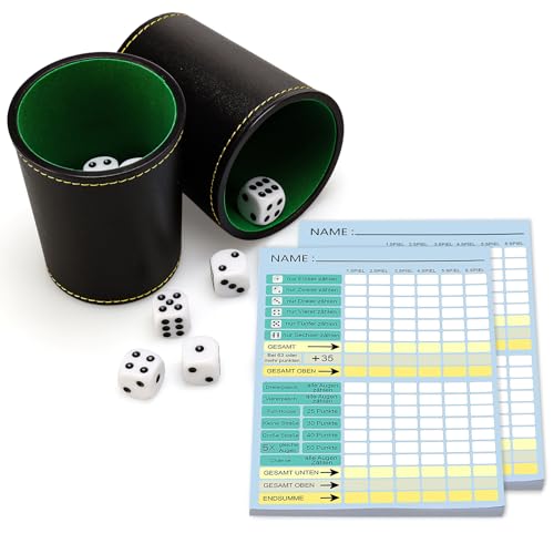 Würfel Spiel Set würfelbecher mit 5 würfeln mit Würfelspiel Block DIN A6 leder und Flexibler würfelbecher XXL würfelspiel gewinnkarten Spielblöcke für Würfelspiele für Erwachsene Familienspiel