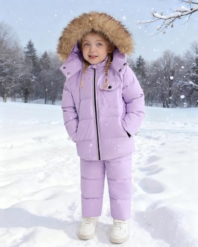 SANMIO Toddler Snowsuit Boy Girl Winter Coat Snow Pants Set, Hooded Down Jacket + Bib Pants Kids Windproof Skiing Suit (4-5T, Light Purple)
