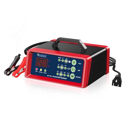 SAFEMATE 2/6/10-Amp Smart Car Battery Charger, 6/12V Metal Cover Fully Automatic Battery Charger, for Motorcycle, Car, ATV, Lead-Acid and LiFePO4 Batteries