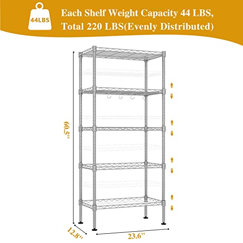 C&Ahome 5-Tier Metal Shelving Unit With Liner, Storage Rack With Adjustable Shelves, Heavy Duty Shelf With 4 Hooks And Leveling Feet Ideal For Kitchen, Bathroom 23.6"L × 12.8"W × 60.5"H Silver Uwsu05S #TOP2