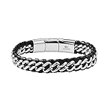 Magna Steel Men's Braided Genuine Leather 8' Link Steel Chain Bracelet, Silver