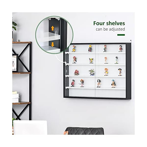 HOMCOM 5-Tier Wall Display Shelf Unit Cabinet w/ 4 Adjustable Shelves Glass Doors Home Office Ornaments 60x80cm Black/White - Image 8