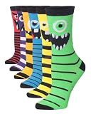 Tipi Toe Women's 6-Pairs Colorful Vibrant Weird Creatures Funky Monster Striped Patterned Crew Dress Socks Plus Size, PWC81-B-T1