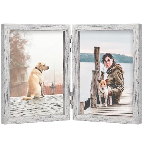 FOREV 3.5x5 Double Picture Frame Distressed White Wooden Hinged Photo Frame