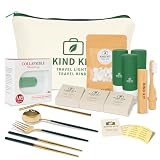 Luxury Travel Kit for Men & Women – TSA Approved Toiletry Set with Foldable Cup, Travel Cutlery, Silicone Bottles, Toothpaste Tablets, Shampoo Bar, Conditioner Bar & Travel Pouch (white bag)