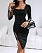 CHICME Women's Fall Long Sleeve Black Lace Slit Dresses Square Neck Asymmetrical Hem Bodycon Party Cocktail Dress-bk-S