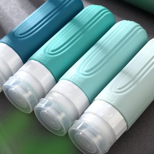 Kit 4 Frascos Potes Silicone Viagem 90ml Aprovado TSA Creme Shampoo Condicionador (Tons de Verde)