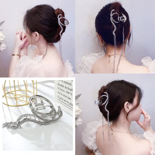 French Hair Clip Rhinestone Claw Clips Thick Hair Large Silver French Hair Barrette For Women Elegant Dangle Metal Hair Accessory Hair Crab For Lady Hair Clamps Pretty Diamond Hair Ornaments 1Pcs #TOP4