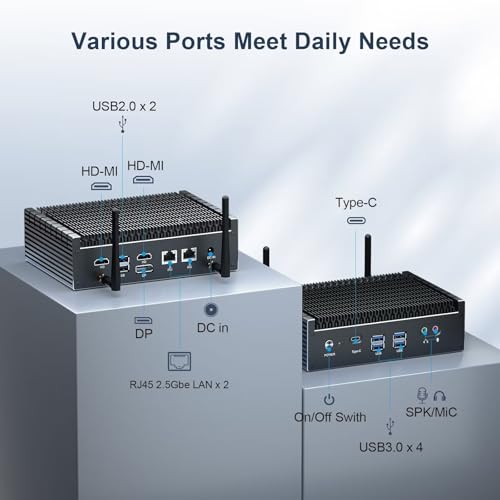 Image of VENOEN Mini PC fanless Win 11 pro, Fanless Mini PC Core i7 1255U (10 Core /12 Thread), Iris Xe Graphics, 16GB RAM 1TB SSD, 2xI225-V LAN, 2xHD + DP Triple Display, USB C, WiFi6, BT5.2, VESA