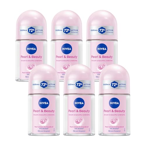 NIVEA Pearl & Beauty Roll On Deodorant 25ml | Long Lasting 72 Hour Odor & Sweat Protection with Pearl Extracts | Alcohol Free Formula for Soft Fresh Skin | Travel Size Roll-On | 6-Pack