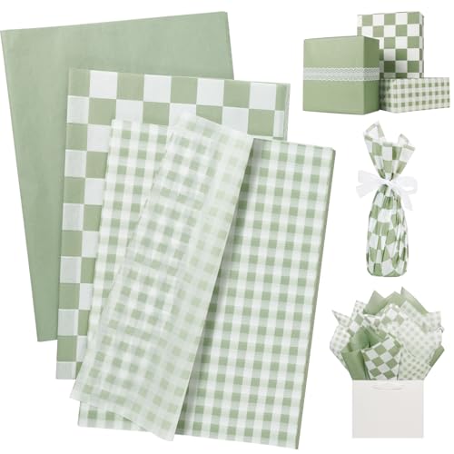 UNIQOOO 120 Sheets Sage Green Gingham Tissue Paper, Checkered Gift Wrapping Paper Art Craft Paper for DIY Crafts Wedding Birthday Baby Shower Party Decorations, 20x 14 Inch