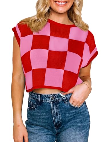 Image of Saodimallsu Womens Cap Sleeve Crop Tops Summer Color Block Going Out Crew Neck Knit Trendy Casual Sweater