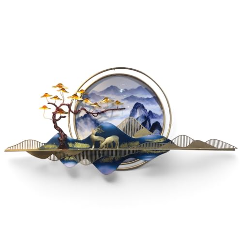 AM HOME DECOR Modern Luxury Metal Wall Art Multicolour 112 x 56 cm | Mountain Landscape, Gold Deer Figurines, Bonsai Tree Accent, 3D Layered Design, Living Room Decor