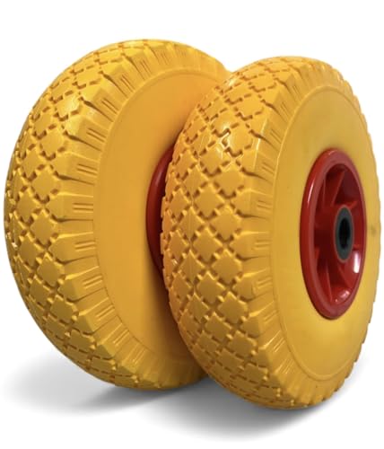 2x Sackkarrenrad Pannensicher VOLLGUMMI Ø 260 mm, Nabe Ø20×75, 3.00-4 Sackkarren Bollerwagen Rad Ersatzrad Reifen Räder für Sackkarre Vollgummireifen Bollerwagenrad Sackkarrenräder Gelb/Rot, PU