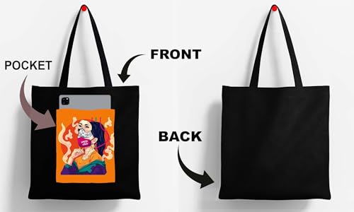 Image of ZORI Black Tote Bag With Pocket Printed Designed Canvas Tote Bags For Women large capacity,Tote bag For Shopping, College, Travel, More Canvas Handbag For Unisex Bag