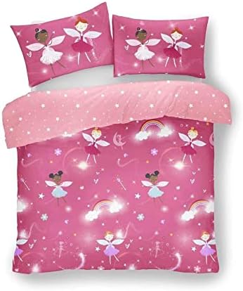FAIRWAYUK Girls Bedding Set - Fairy Kids Duvet Cover Single Bed with Matching Pillowcase, Ultra Soft Reversible Quilt Covers, Bedroom Accessories, Pink 137x200cm