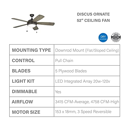 Monte Carlo 5Dio52Agpd Discus Ornate 52" Ceiling Fan With Led Light And Pull Chain, 5 Blades, Aged Pewter #TOP24