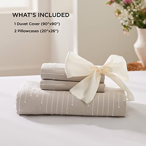 Bedsure Cotton Duvet Cover Queen Size - 100% Washed Cotton Duvet Cover Set, Linen Color, 3 Pieces Boho Stripe Jacquard Soft Bedding For All Seasons With 2 Pillowcases, Zipper Closure (Queen, 90"X90") #TOP3
