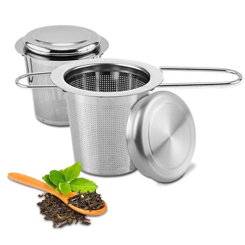 dellyy Infuseur à Thé pour Thé en Vrac, 2 Pièces Filtres à Thé en Acier Inoxydable 304, Passoire à Thé pour Théière et Tasse, Infuseur à Thé en Acier Inoxydable avec Poignée Pliable et Couvercle