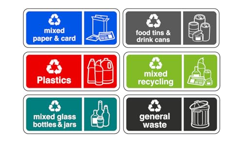 Recycling signs complete pack of 6 essential for recycling bins - High tack self-adhesive sticker (150mm x 60mm) Viewing Distance within 3m.
