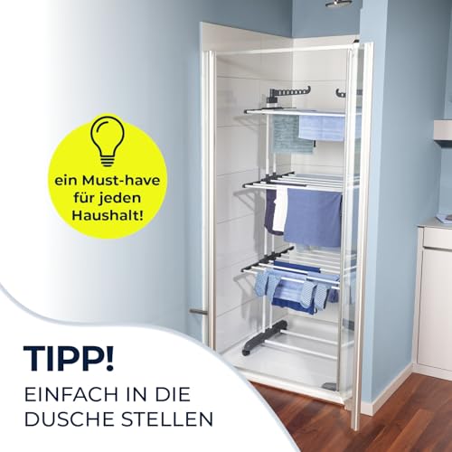 EASYmaxx Klappbarer Wäscheständer | Effizientes Trocknen mit 3 Ebenen, 2 Seitenflügeln & leichtem Aufbau | Platzsparend, vielseitig und mobil für drinnen und draußen, Grau/Weiß